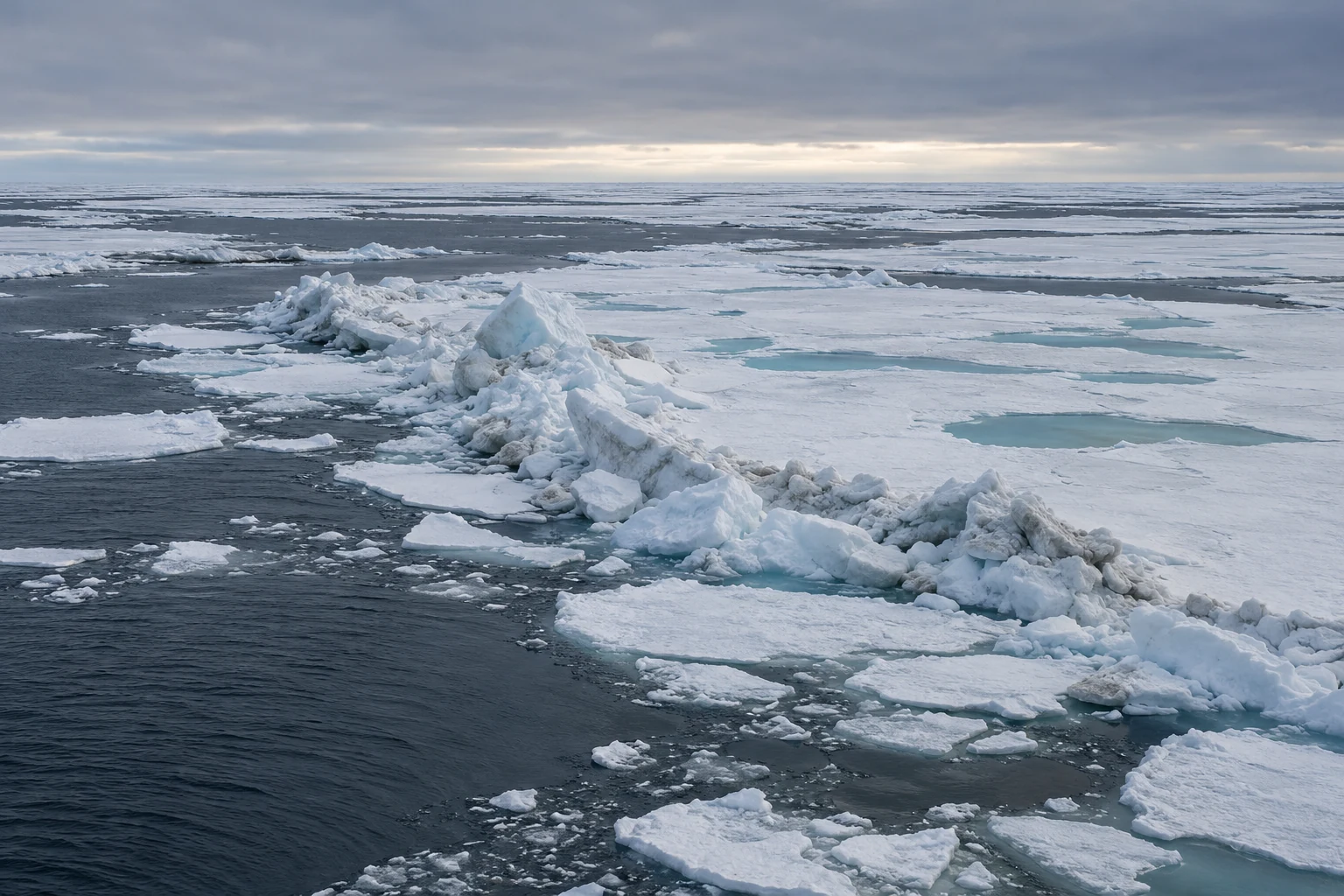 Dark open water borders a broad flat sea-ice floe with pale turquoise melt ponds and an irregular ridge of broken ice beneath low grey clouds.