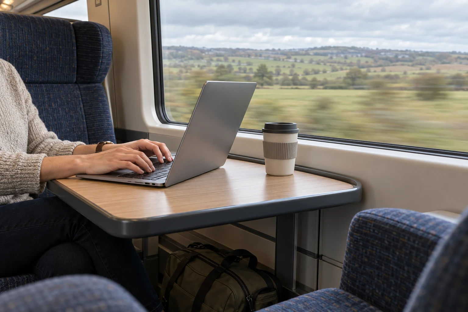 A cropped passenger types on a laptop beside a train window, with a lidded cup on the table and an overnight bag underneath.